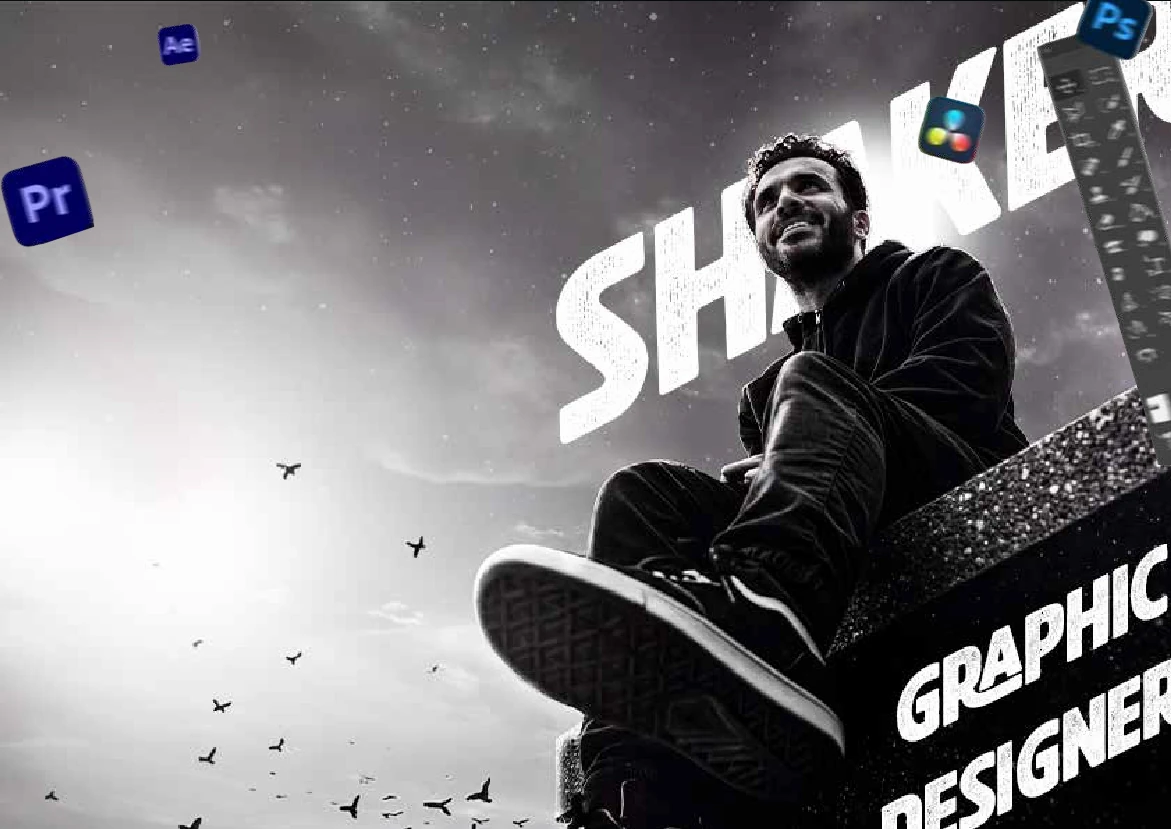 Eslam Shaker sitting on a block lettered Graphic Designer